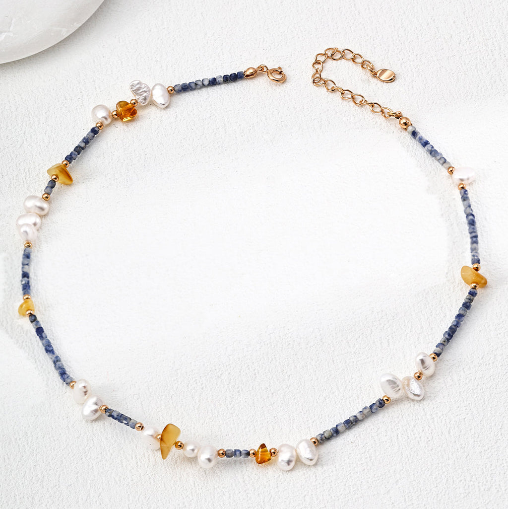 Amber Pearl Blue Bead Choker Necklace
