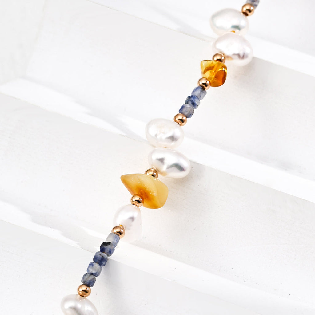 Amber Pearl Blue Bead Choker Necklace