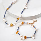 Amber Pearl Blue Bead Choker Necklace
