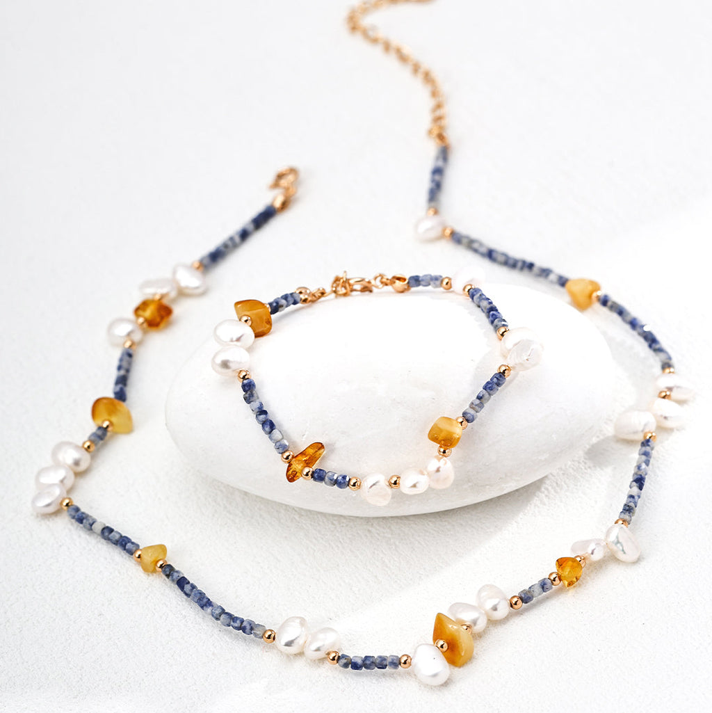 Amber Pearl Blue Bead Choker Necklace