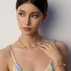 Amber Pearl Blue Bead Choker Necklace