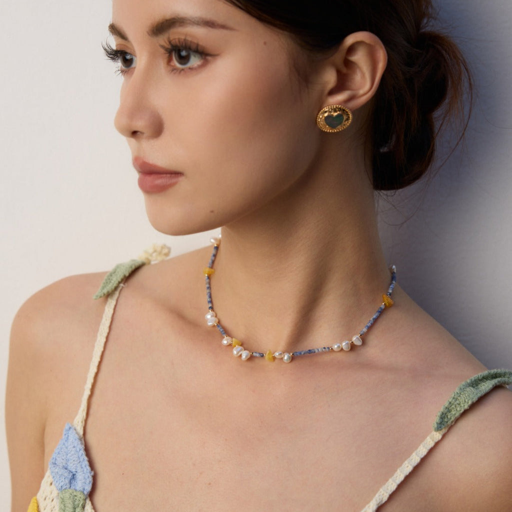 Amber Pearl Blue Bead Choker Necklace