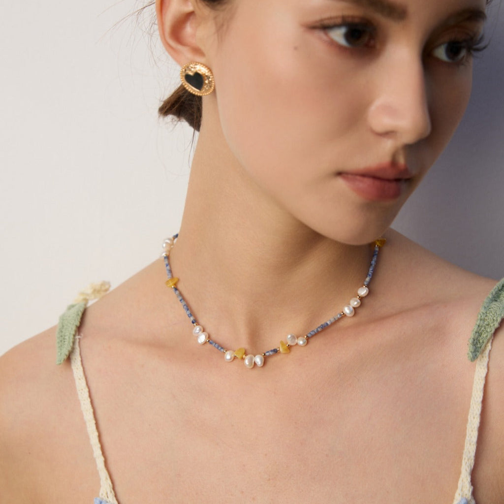 Amber Pearl Blue Bead Choker Necklace