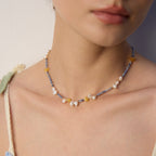 Amber Pearl Blue Bead Choker Necklace